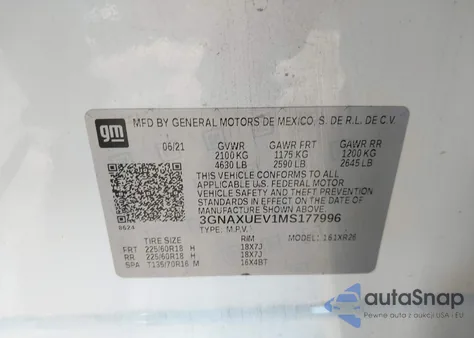 2021 Chevrolet Equinox Awd Lt из США, поврежденный, VIN 3GNAXUEV1MS177996